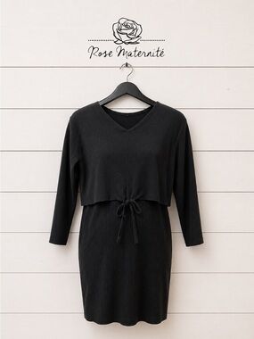 ROSE MATERNITÉ Black Ribbed Tie Front Dress – Size XL